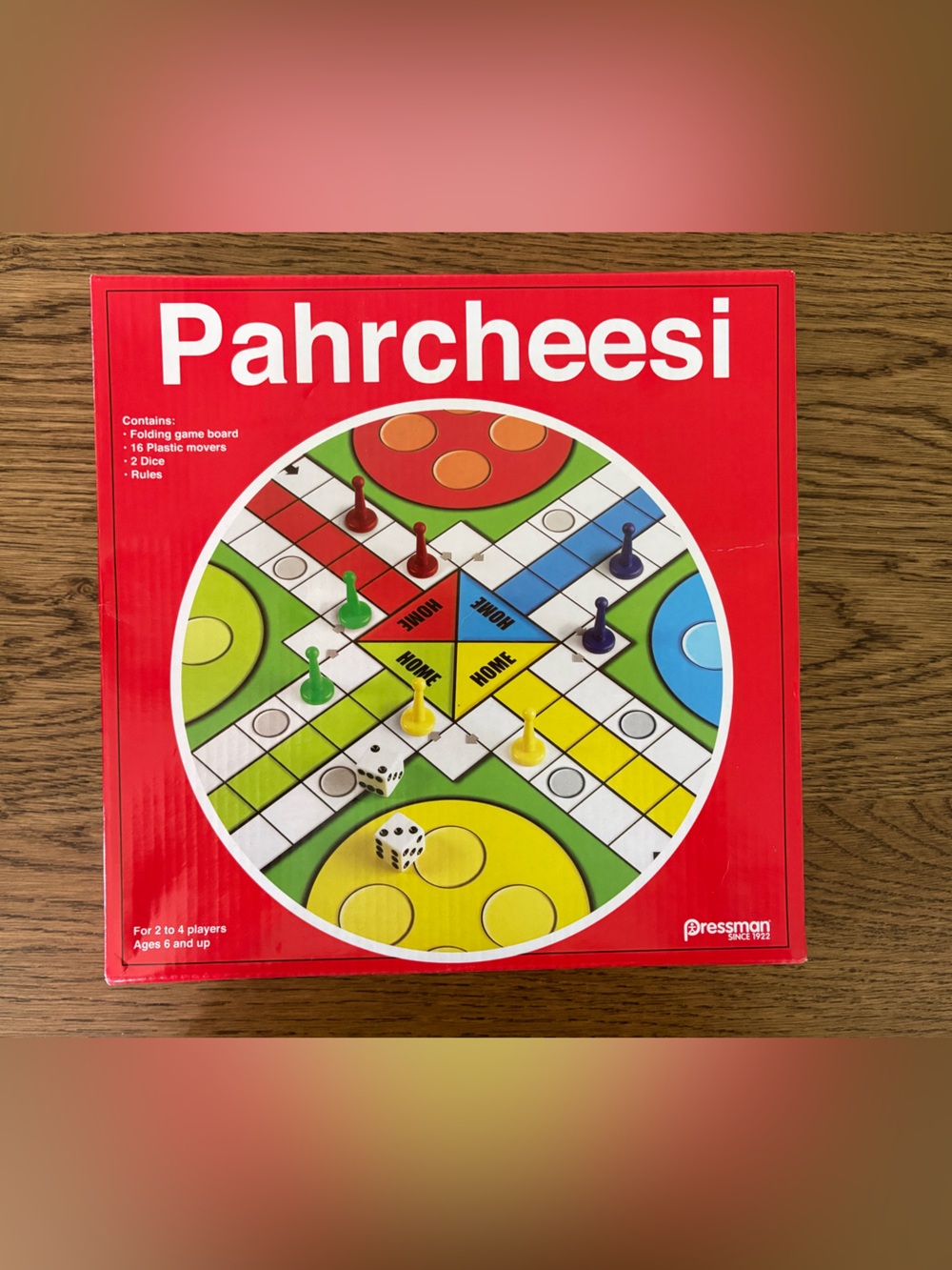 Classic Parcheesi Board Game - Red, Green, Blue, Yellow Pieces